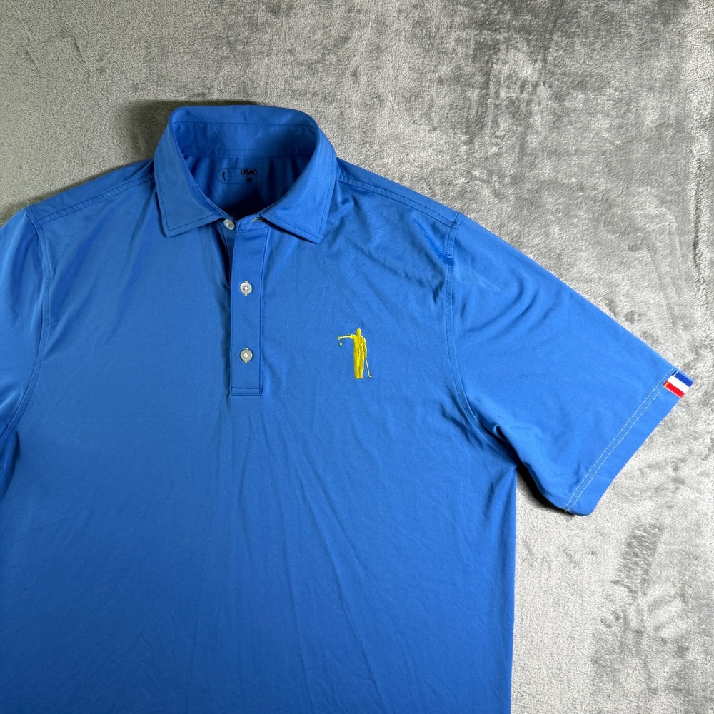 USAG Golf Polo Shirt Mens Medium Blue Short Sleeve Golfer Logo Stripe Trim